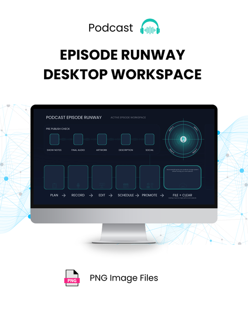 Computer monitor displaying a podcast episode runway desktop workspace with text and icons on a white background.