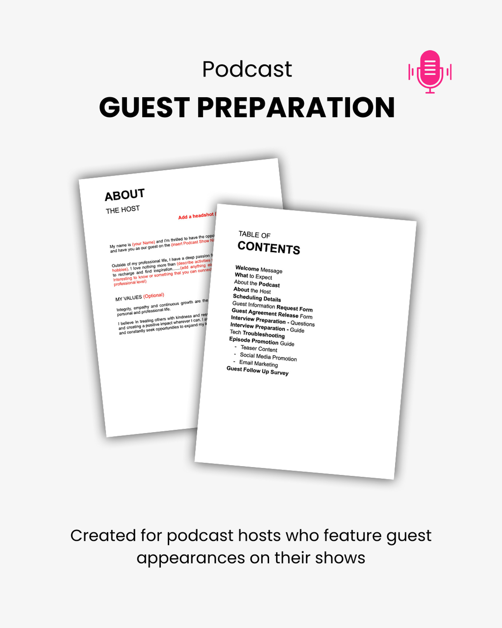 Podcast guest preparation Google Doc template with table of contents preview