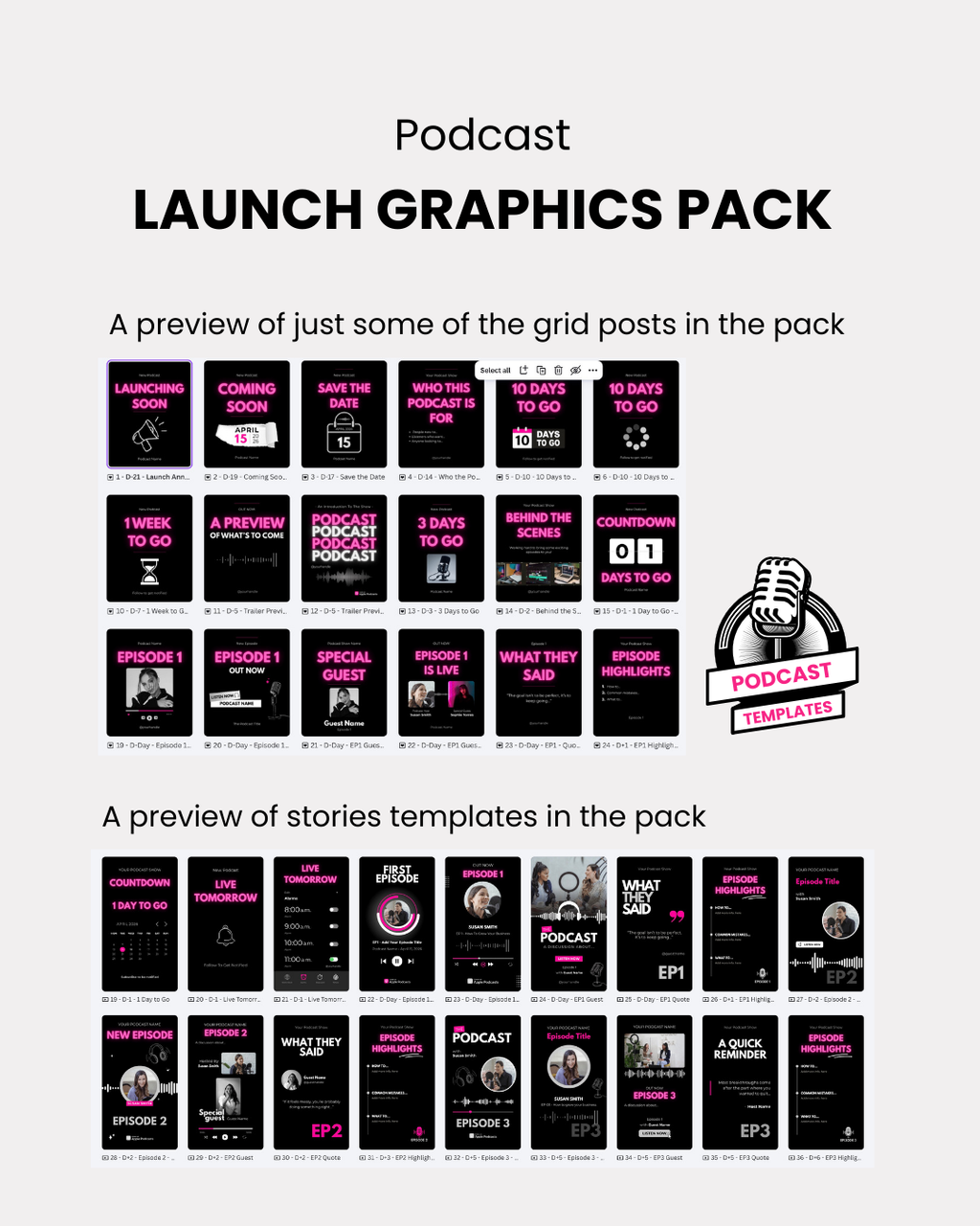 Preview of podcast launch graphics pack with various templates on a white background