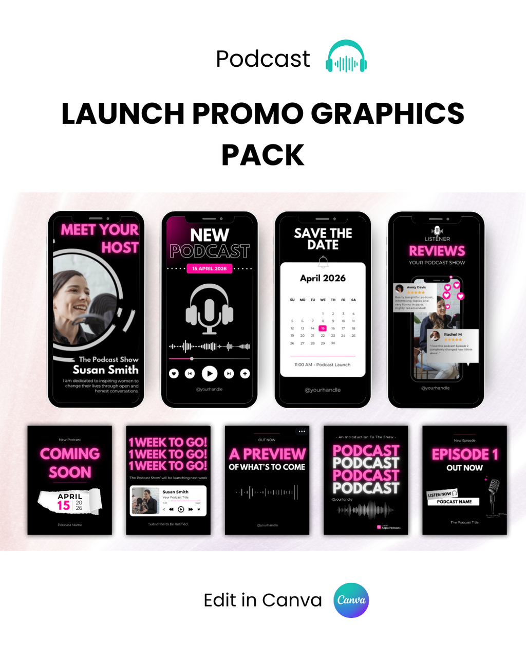 Podcast launch promo graphics Canva templates preview