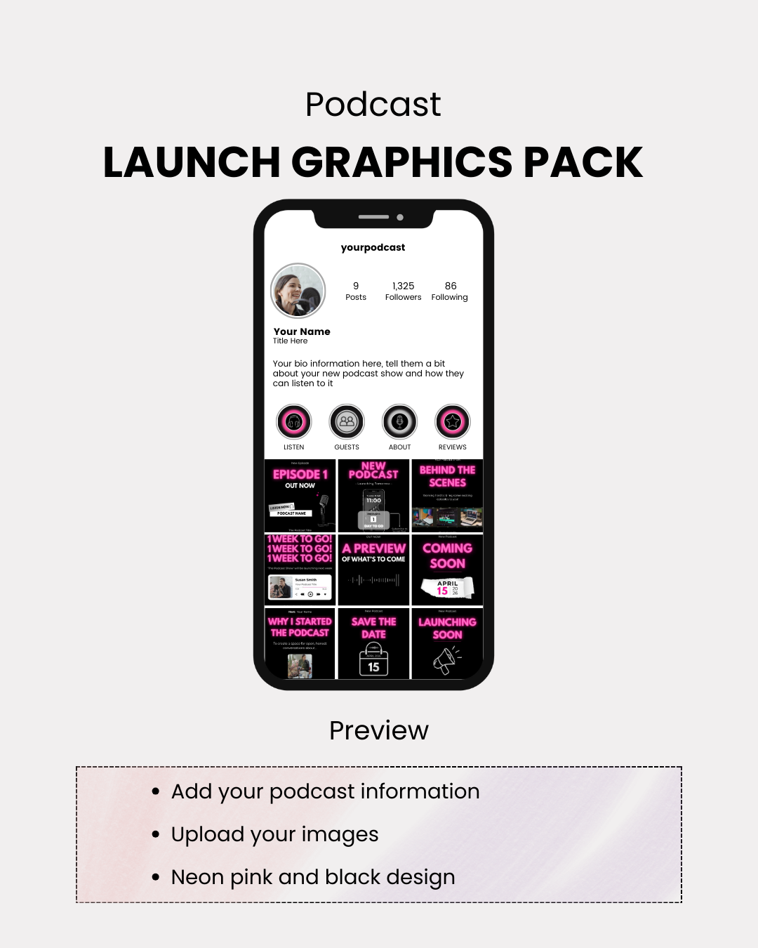 Podcast launch graphics pack with smartphone display on a light gray background