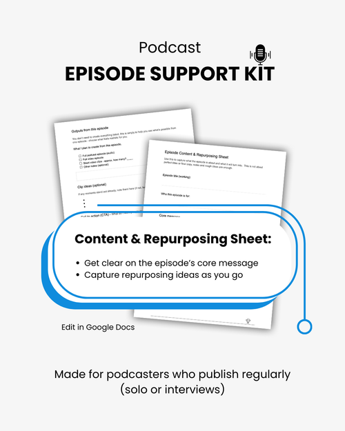 Podcast episode support kit with two documents on a white background