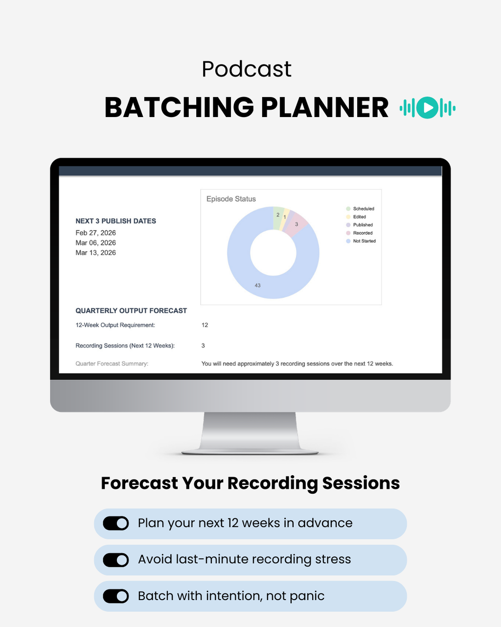 Podcast batching planner spreadsheet showing episode status chart, quarterly output forecast and upcoming publish dates