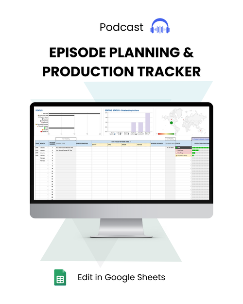Computer monitor displaying a podcast episode planning and production tracker with 'Edit in Google Sheets' text.