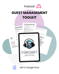 Podcast guest management toolkit digital templates for podcasters shown on tablet screen
