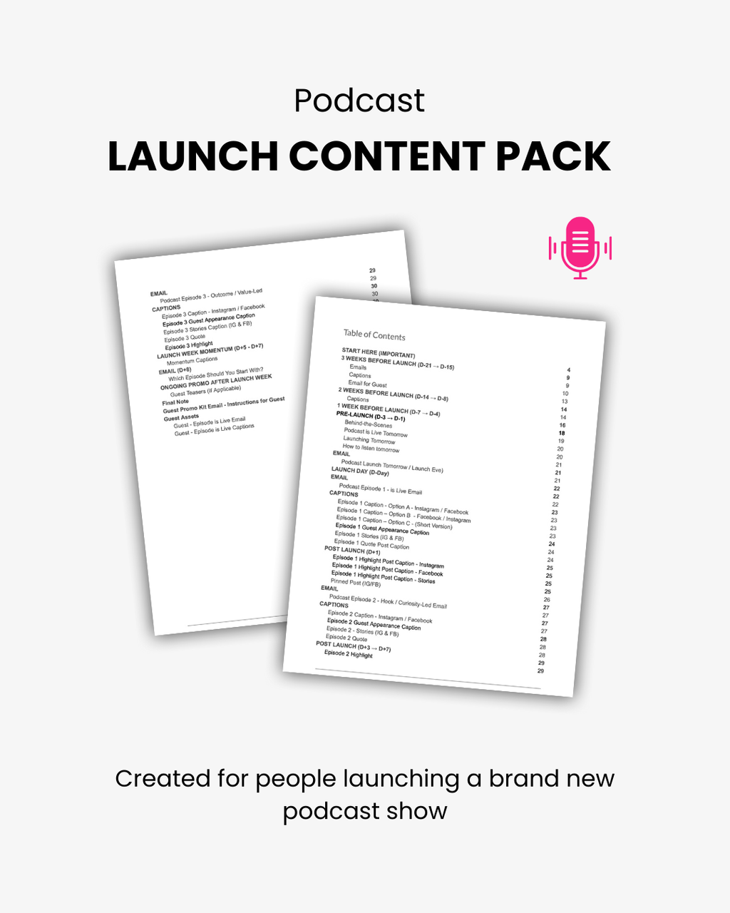 Two pages of a podcast launch content pack with text and a microphone icon on a white background.