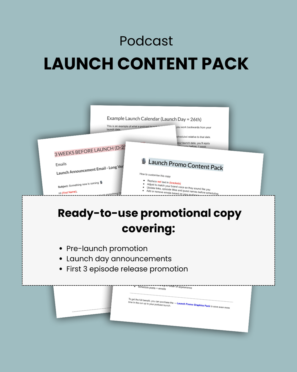 Promotional content pack for podcast launch with text on a light blue background