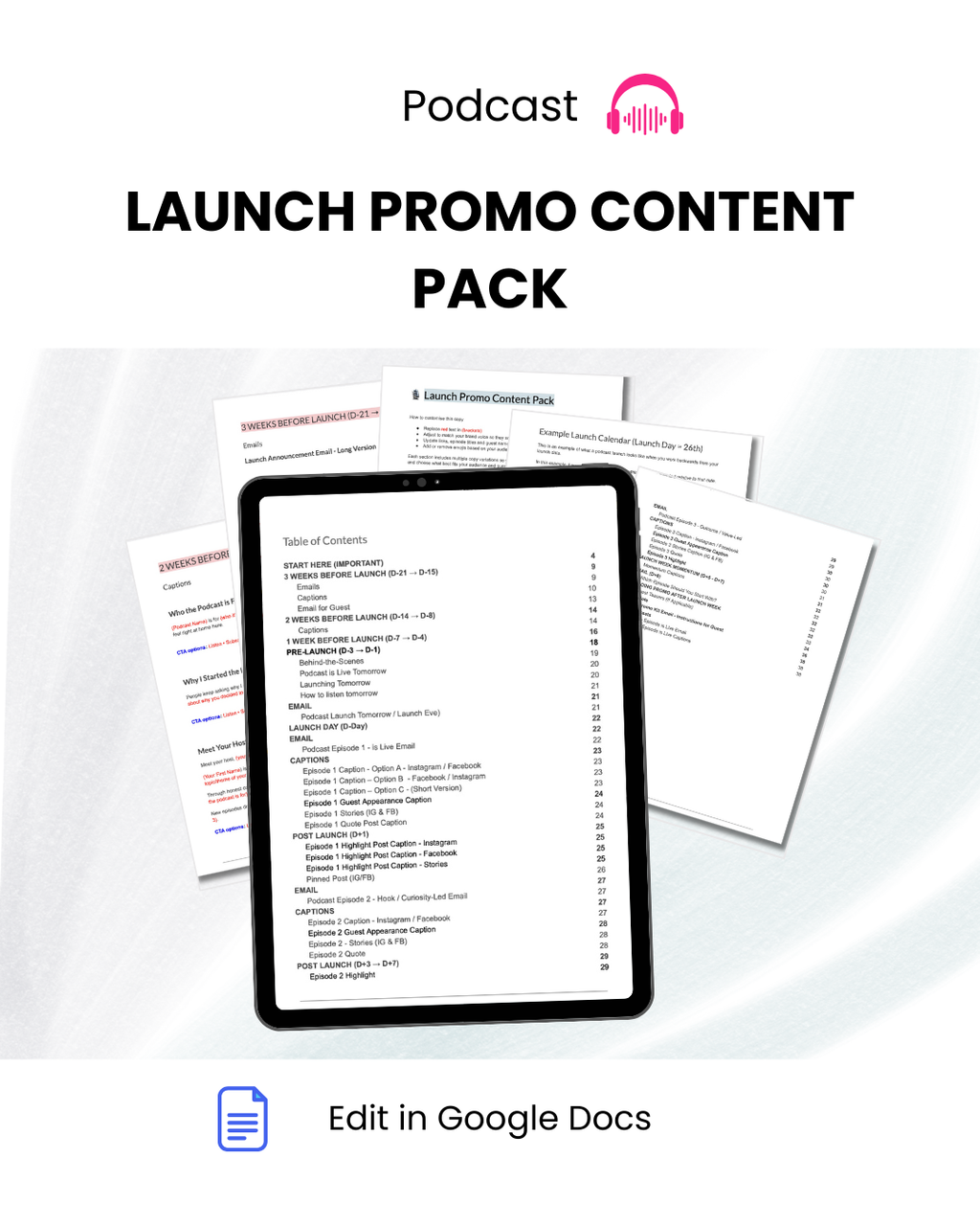 Promo content pack for podcast launch with tablet and documents on a white background