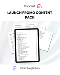 Promo content pack for podcast launch with tablet and documents on a white background