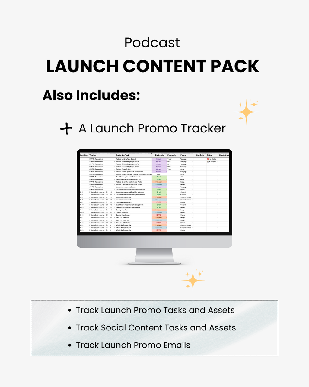 Computer monitor displaying a podcast launch content pack with features listed.