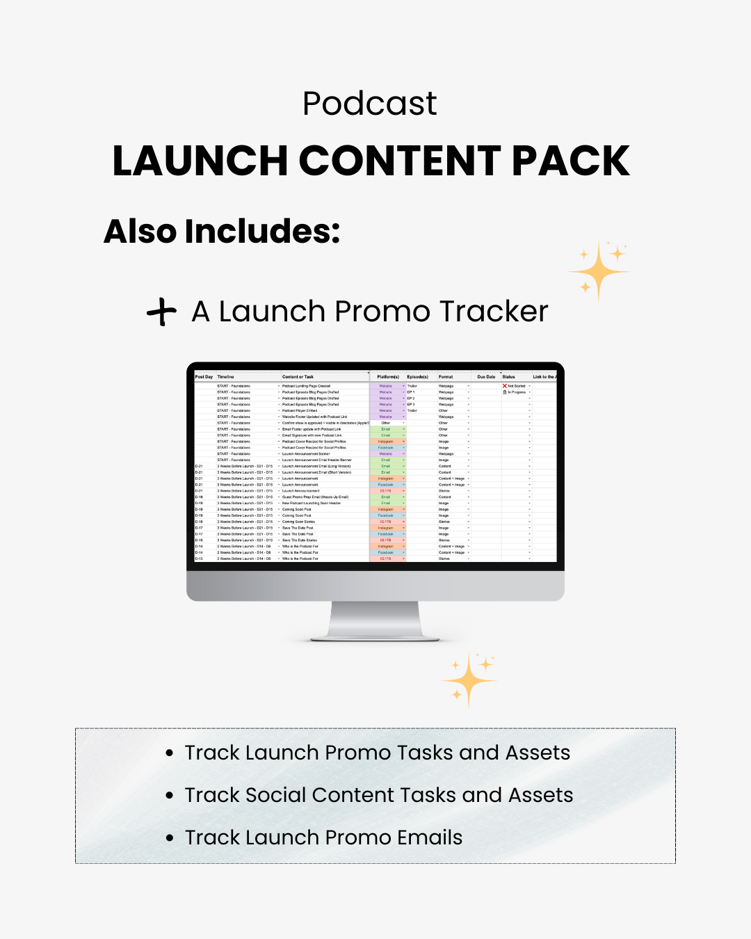 Computer monitor displaying a podcast launch content pack with features listed.