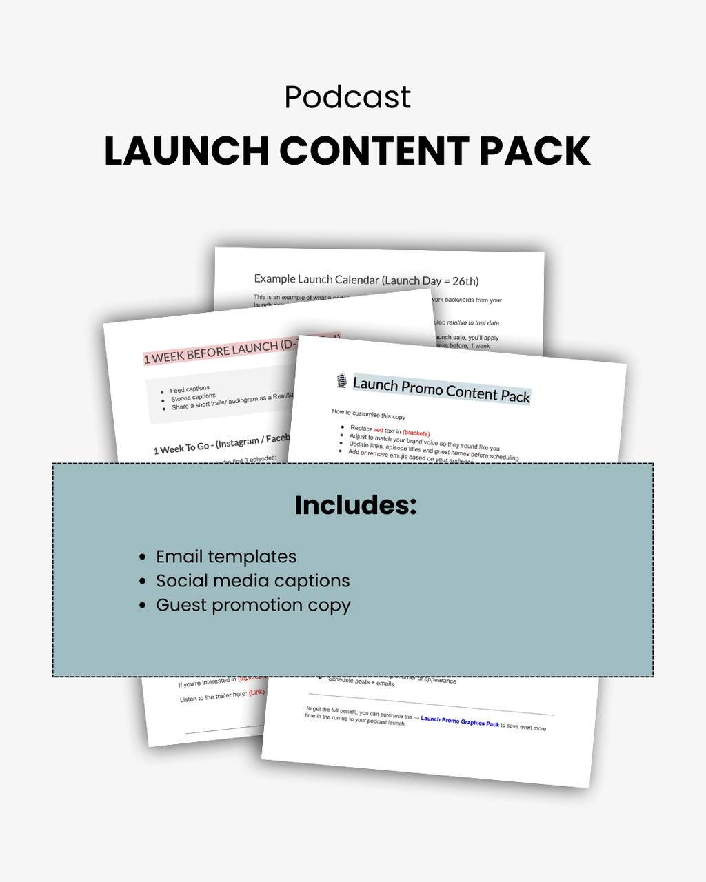 Podcast launch content pack with templates and promotional materials on a white background