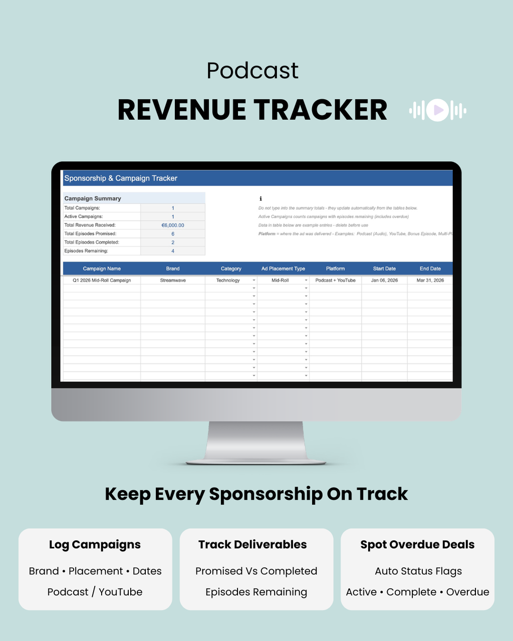 Podcast sponsorship campaign tracking spreadsheet for managing brand deals and deliverables