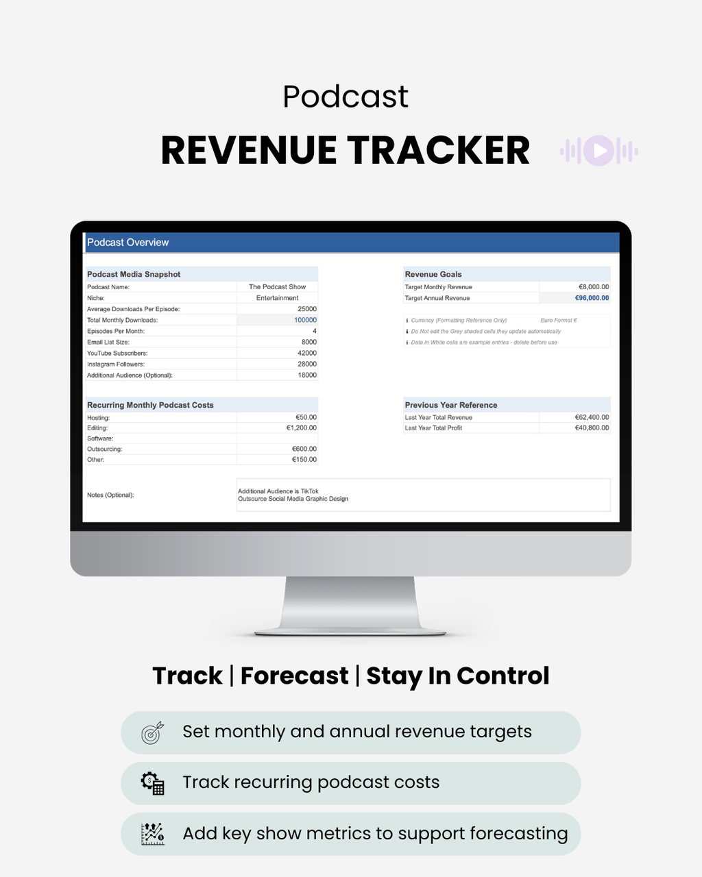 Podcast revenue tracker spreadsheet overview tab for entering show and income details