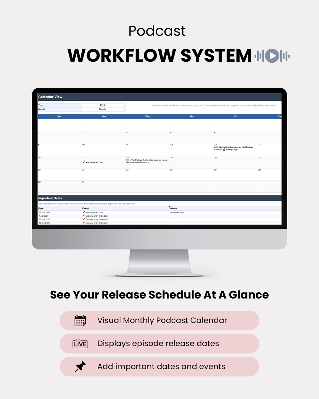 Podcast release schedule calendar Google Sheets