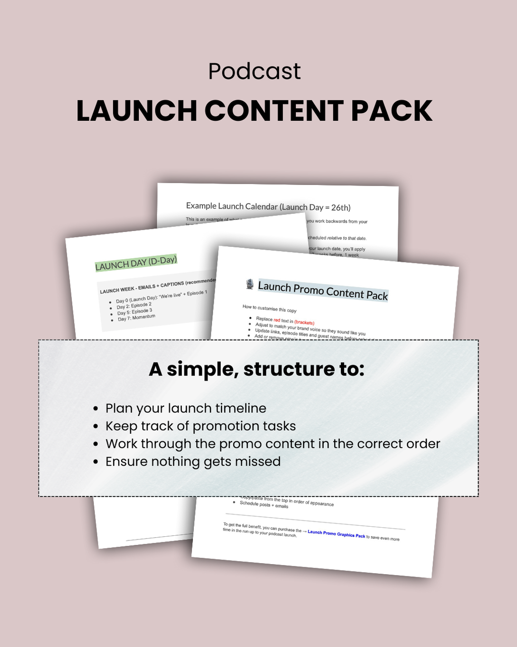 Podcast launch content pack with promotional materials on a light pink background