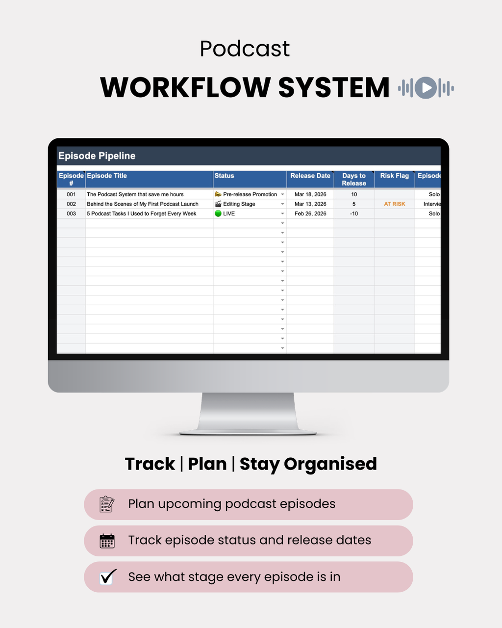 Podcast episode pipeline tracker spreadsheet