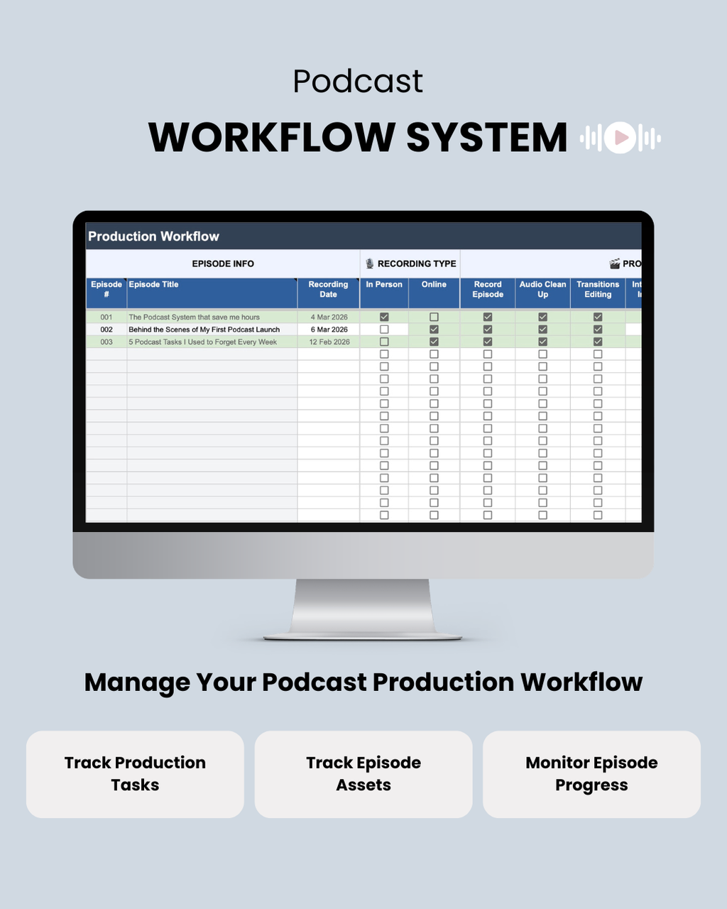 Podcast production workflow tracker template