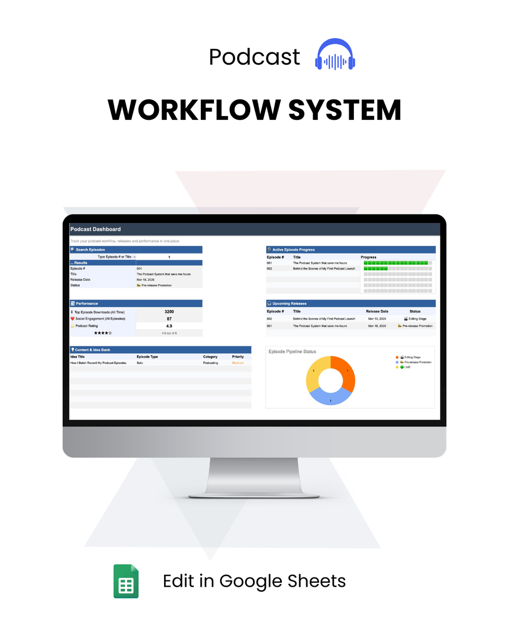 Podcast Workflow System dashboard overview Google Sheets template